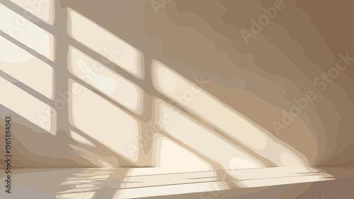 Warm sunlight streams through window blinds casting geometric shadows on a neutral wall