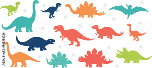 Colorful vector illustration of diverse dinosaurs including sauropods, stegosaurus, triceratops, tyrannosaurus, and pterosaur in playful style