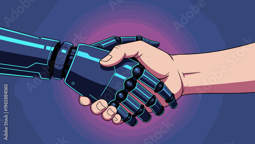 Human and robot shaking hands in a futuristic partnership agreement