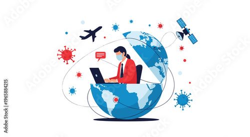 Business professional working on laptop inside a globe surrounded by virus icons representing remote work during pandemic.