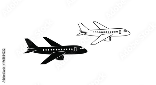 Two commercial airplanes in flight one black and one white outline