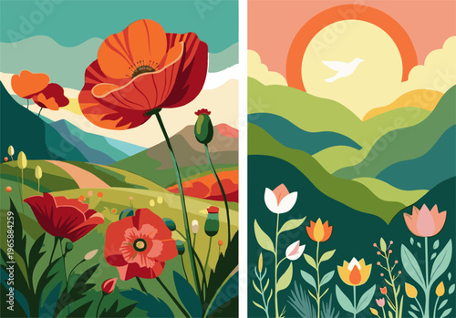 Flat nature landscape set with red poppy flowers, mountains, sun, and bird. Minimalist retro summer vector illustration