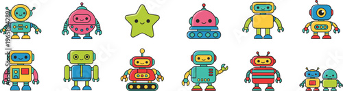 Cute colorful robot icon set with friendly faces and mechanical details in a flat vector style