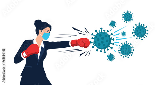 Determined businesswoman in a dark suit wearing boxing gloves and a medical mask fights against floating virus particles.