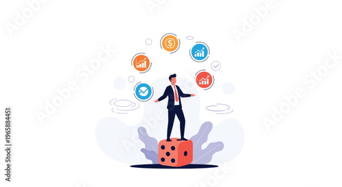 Skilled businessman juggles several financial and corporate icons while balancing on a giant orange six-sided die.