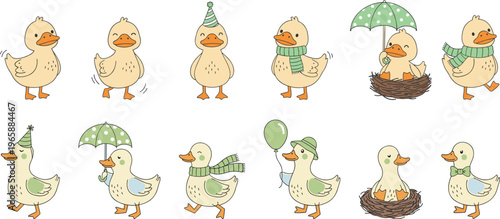 Cute vector illustration of cartoon ducklings with balloons, umbrellas, nests, and party hats in playful design