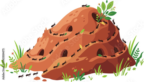 Ant Colony Vector Illustration Showing Ants Working on Anthill with Tunnels Soil Structure and Nature Elements for Ecology Education and Wildlife Design Projects