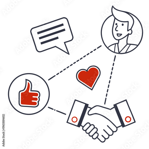 Online business interaction with man avatar, chat message, like button, handshake, and heart symbol, representing digital communication and good reviews