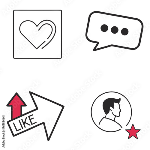 Billede på lærred Set of isolated social media icons featuring heart symbol plus message bubble an