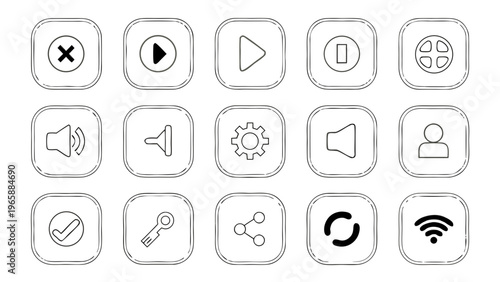 Set of user interface control icons for media playback and general functions, featuring simple line art design
