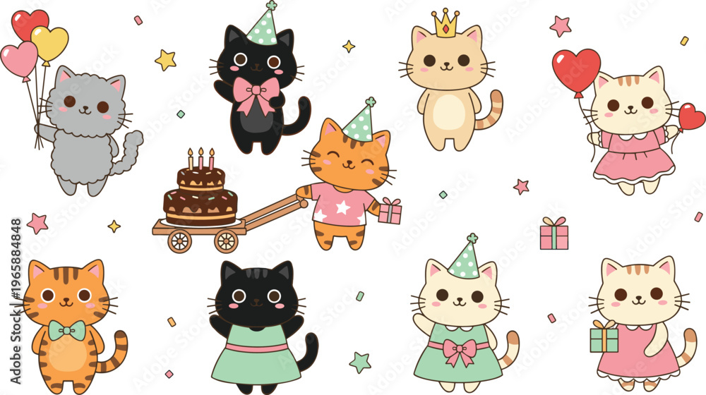 Obraz premium Playful vector illustration of cartoon cats celebrating birthday with cake, balloons, gifts, and crowns