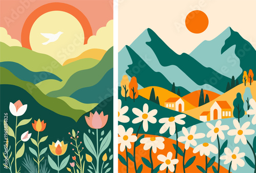 Flat nature landscape set with mountains, sun, bird, and daisy flowers. Minimalist retro summer vector illustration