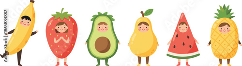 Playful vector illustration of cartoon characters in fruit costumes including banana, strawberry, avocado, pear, watermelon, pineapple