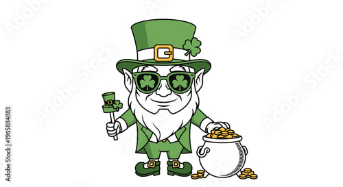 Leprechaun Wearing Sunglasses Holding Shamrock.