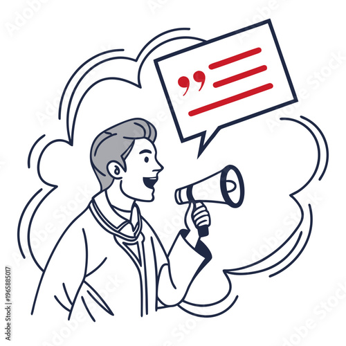 Man with megaphone announcing something with quotation marks in speech cloud representing public speaking or announcement in line art