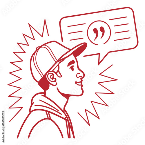 Profile of young man wearing baseball cap with quotation mark speech bubble icon for customer feedback and testimonials outline vector illustration