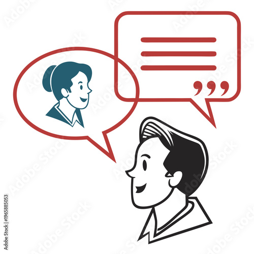 People communication line icon of a man speaking with speech bubbles; one containing a woman's profile and other with text