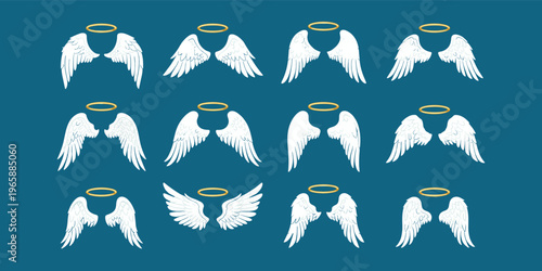 Seamless vector illustration of white angel wings with golden halos in celestial spiritual decorative pattern design