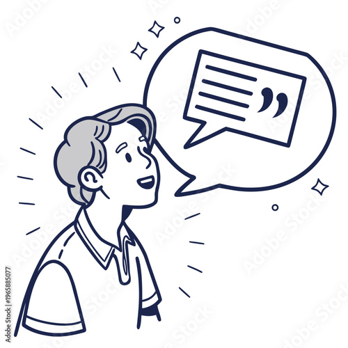 Man talking line icon of a happy man looking up and thinking, with a speech bubble showing text and quotation marks