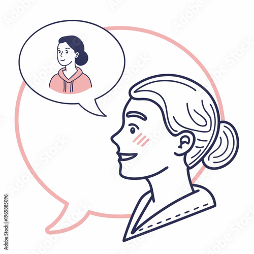 Happy woman with bun hairstyle in pink outline speech bubble thinking of another woman on white background