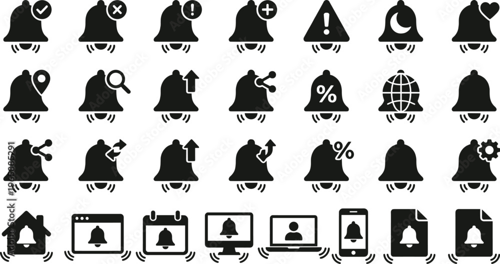 Obraz premium Bell Notification Icon Set Featuring Alerts, Status Indicators, App Notifications, UI Symbols, Mobile and Web Interface Elements for Communication and System Design
