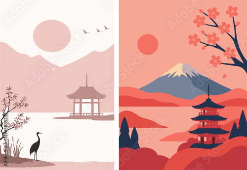 Japanese landscape flat illustration with Fuji mountain, pagoda, cherry blossoms, and crane bird in minimal red pastel style