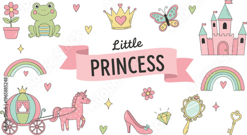 Whimsical vector illustration of Little Princess theme with crown, castle, unicorn, carriage, rainbow, and magical elements