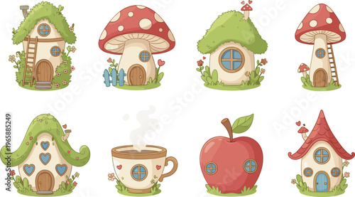Whimsical vector illustration of fairy‑tale houses including mushroom, teacup, apple, grassy roof, and fantasy cottage designs