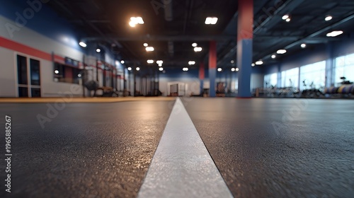 Low angle view down a white line on a gym floor with blurred exercise equipment and industrial architecture in the background