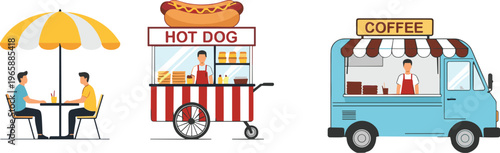 Street food cart illustration, coffee truck design, outdoor dining scene, hot dog stand artwork, urban snack culture, casual eating concept