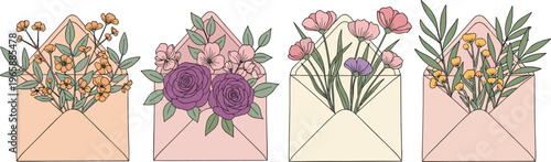 Quadro em tela Floral Envelope Collection with Colorful Flowers and Greenery, Ideal for Greetin