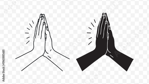 Praying hands in contrasting black and white line art with dynamic motion lines for versatile design use isolated on Transparent Background