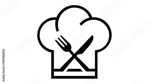 Minimalist black and white vector icon illustration of a chef's hat with crossed fork and knife cutlery inside, perfect for restaurant logos, cooking classes, food blogs, and culinary branding.