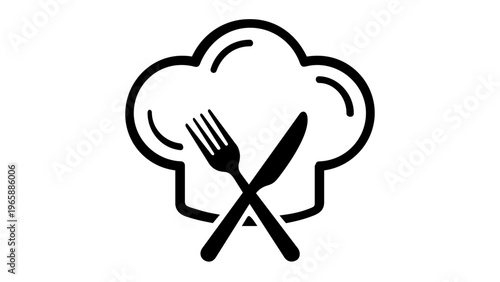 Minimalist vector icon illustration of a chef's hat with crossed fork and knife, representing culinary arts, restaurant branding, cooking, and professional catering services, AI-generated.