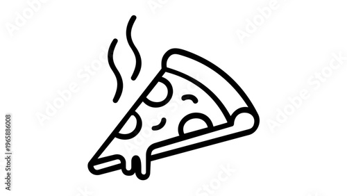 Minimalist black and white vector icon illustration of a steaming hot pizza slice with pepperoni and melting cheese, featuring clean lines and a flat design style for food apps and menus.