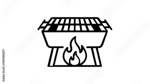 Minimalist black and white vector icon illustration of a barbecue grill with burning flames underneath, ideal for summer picnic, outdoor cooking, BBQ party, and food related graphic design projects.