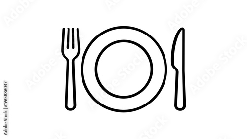 Minimalist Vector Illustration of a Dining Place Setting with a Plate, Fork, and Knife Icon, Perfect for Restaurant Menus, Food Apps, and Culinary Graphic Design Projects.