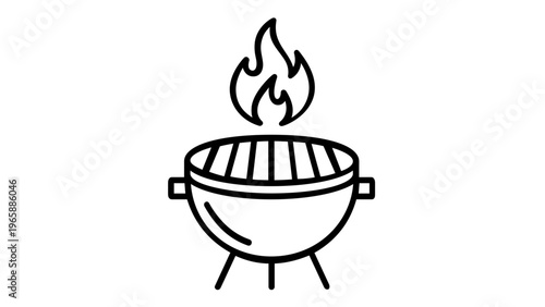 Minimalist Barbecue Grill Vector Icon with Flame, Black and White Line Art Illustration for Outdoor Cooking, BBQ Party, Summer Picnic, and Food Preparation Design Projects, Scalable Graphics