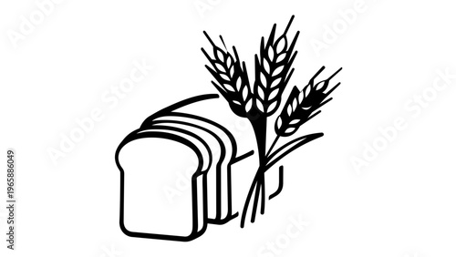 Minimalist vector illustration of a sliced loaf of bread with wheat stalks, clean black and white line art icon for bakery, organic food, and agriculture themes, scalable AI-generated graphic design.