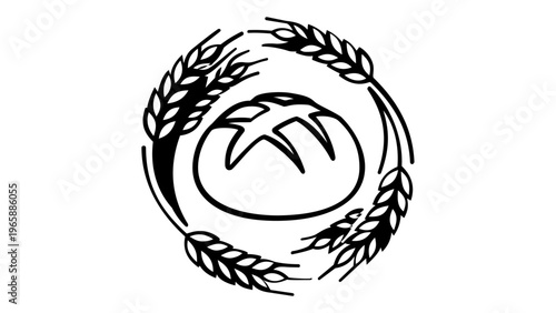 Artisanal bakery vector icon featuring a hand-drawn style loaf of bread surrounded by a circular wreath of wheat stalks, ideal for organic food labels, farm-to-table menus, and logo design.