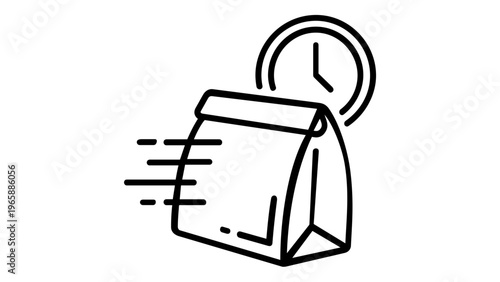 Fast food delivery bag vector icon illustration with motion lines and a clock timer, symbolizing express shipping, quick takeaway service, and efficient meal logistics for mobile apps.