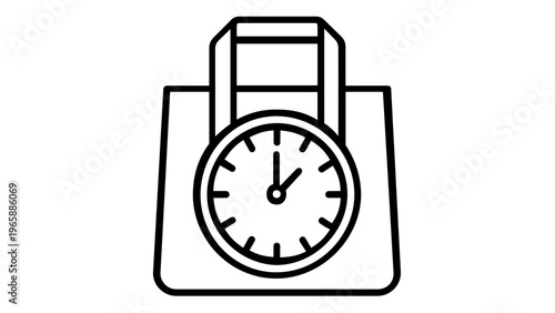 Minimalist vector icon illustration of a food delivery bag with a clock face, representing fast shipping, express meal service, time-sensitive logistics, and efficient retail commerce solutions.