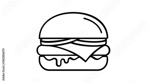 Minimalist vector icon illustration of a classic hamburger with visible layers including bun, cheese, tomato, and patty, ideal for restaurant menus, food delivery apps, and culinary designs.