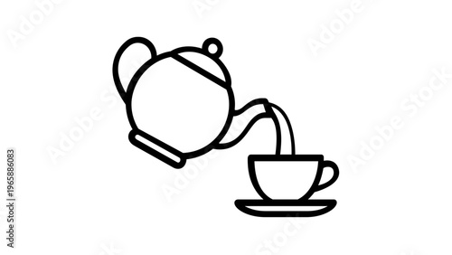 Minimalist black and white vector icon illustration of a classic teapot pouring hot tea or coffee into a ceramic cup on a saucer, ideal for cafe menus, kitchen branding, and beverage design.