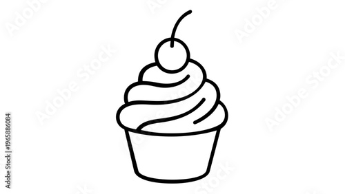 Minimalist vector icon illustration of a delicious cupcake with a swirl of frosting and a cherry on top, perfect for bakery logos, food apps, and dessert menus, scalable black line art.