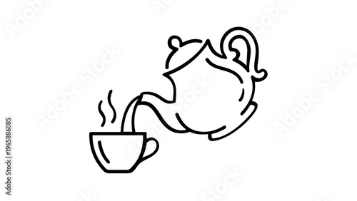 Minimalist black and white line art vector illustration of a classic teapot pouring hot tea into a ceramic cup with rising steam, ideal for cafe menus, kitchen branding, and beverage icons.