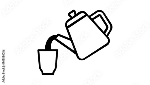 Minimalist vector illustration of a teapot pouring hot tea or coffee into a cup, featuring clean black lines on a white background, perfect for kitchen, cafe, or breakfast themed designs.