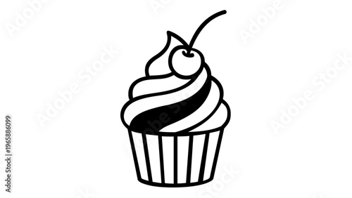 Minimalist black and white vector icon illustration of a delicious cupcake with a swirl of frosting and a cherry on top, perfect for bakery logos, food menus, and sweet dessert designs.
