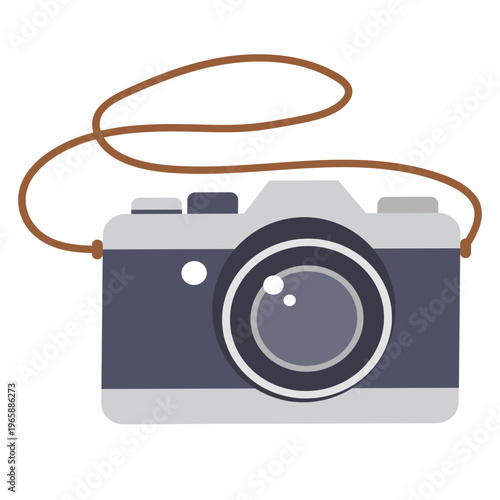 Retro camera in flat style. Old camera with strap. Vector illustration. Vintage Camera image. Isolated on white background