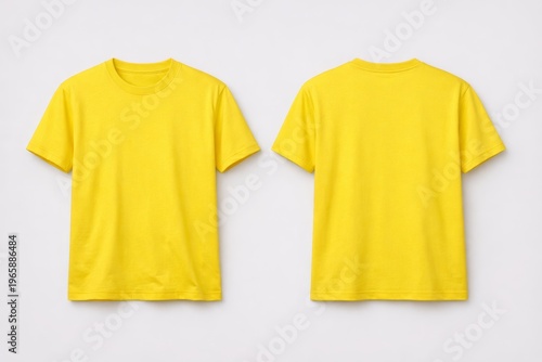 Bright Yellow Short Sleeve Crew Neck T-Shirts Displayed Showing Both the Plain Front and Unprinted Back on a Simple White Wall for Apparel Showcasing